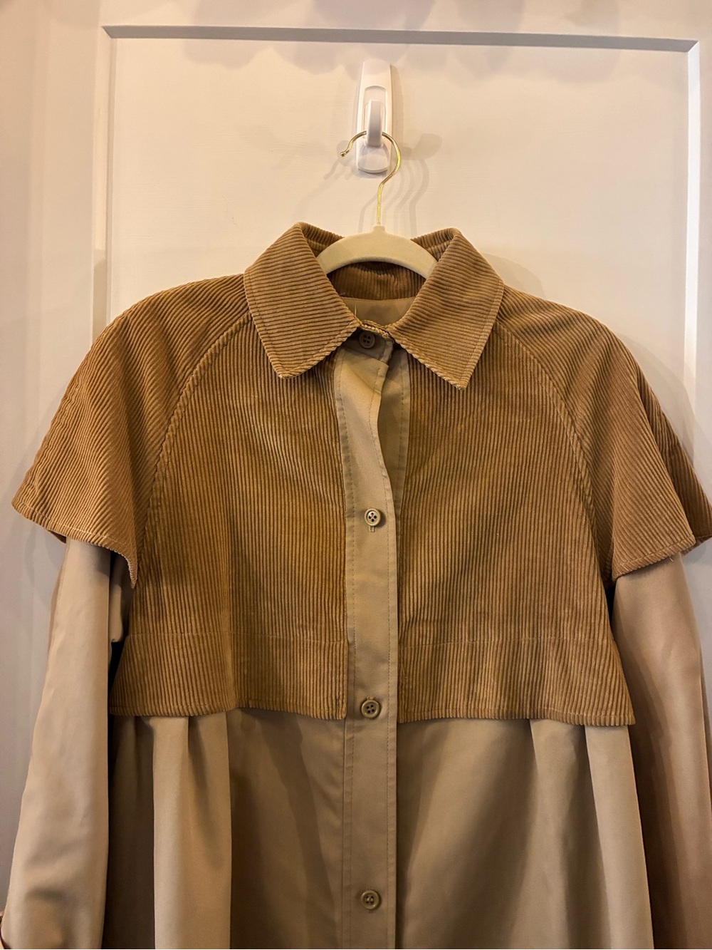 Women's Two-Tone Tan Trench Jacket with Corduroy Yoke - Picture 2 of 4